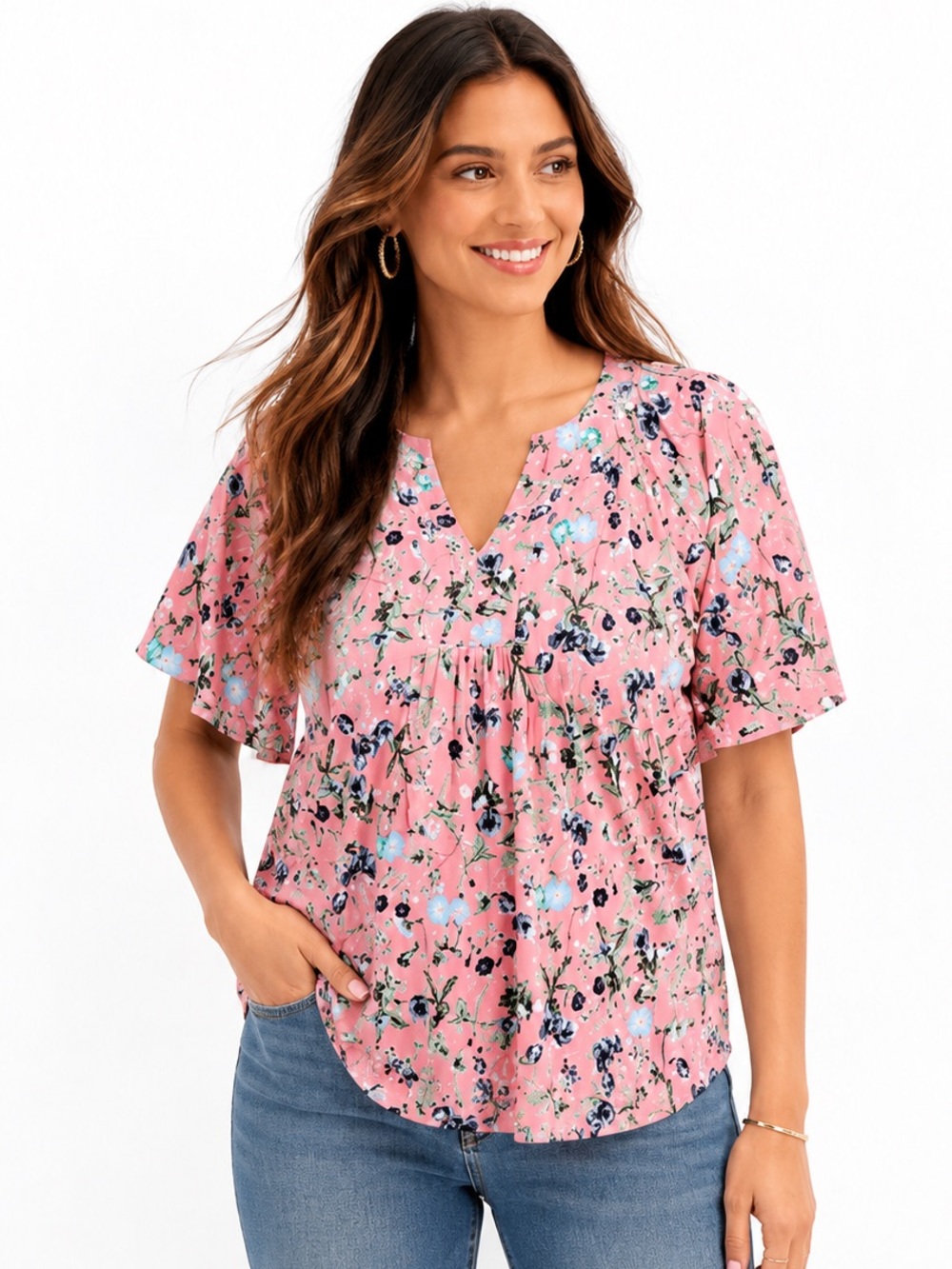 Style & Co Floral Pink Print Flutter Sleeve Women's Top 2X Plus Size - Picture 2 of 6